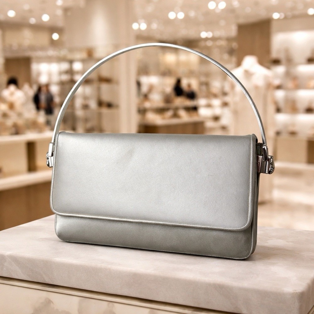 Vintage Judith‎ Leiber Silver Soft Boom Clutch Crystal Handle Evening Event